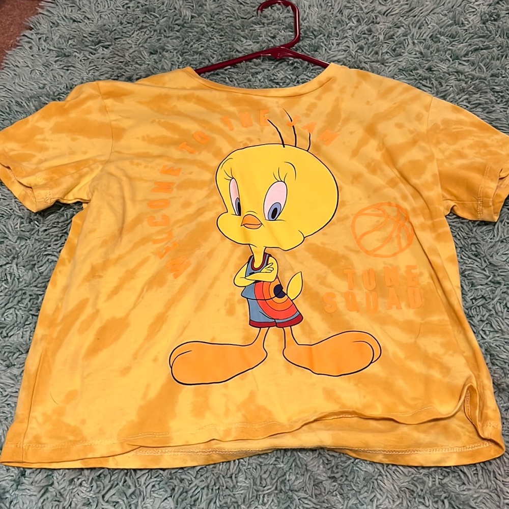 Yellow tie die, Tune Squad cropped tee. From Rue21